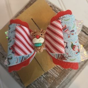 NWT Christmas Reindeer + Elf Faux Adorable Leather Bow w Sparkle Made in the USA